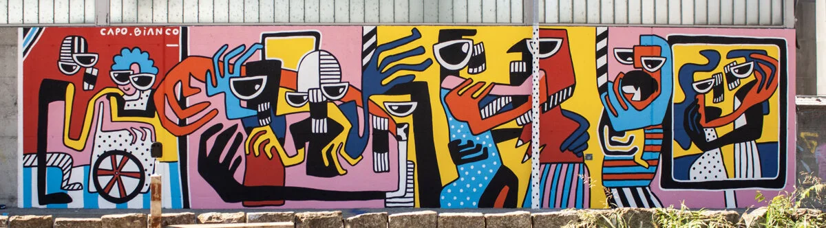 The panoramic Big Hug mural at ECSA in Balerna.