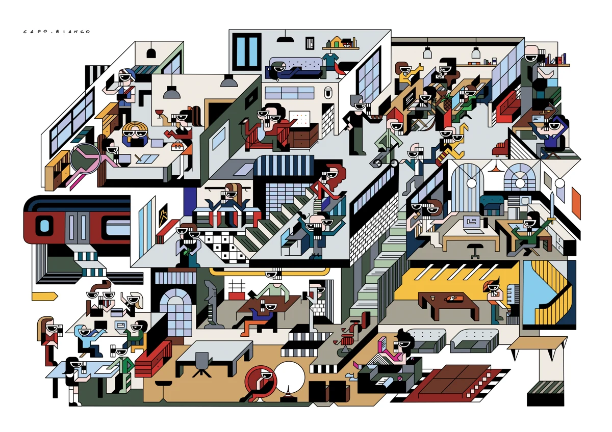 The Naive XMas illustration showing many people inside a cutaway office architecture.
