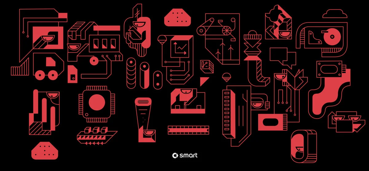 A red-on-black Capo.Bianco illustration created for Smart during Milan Design Week 2024.